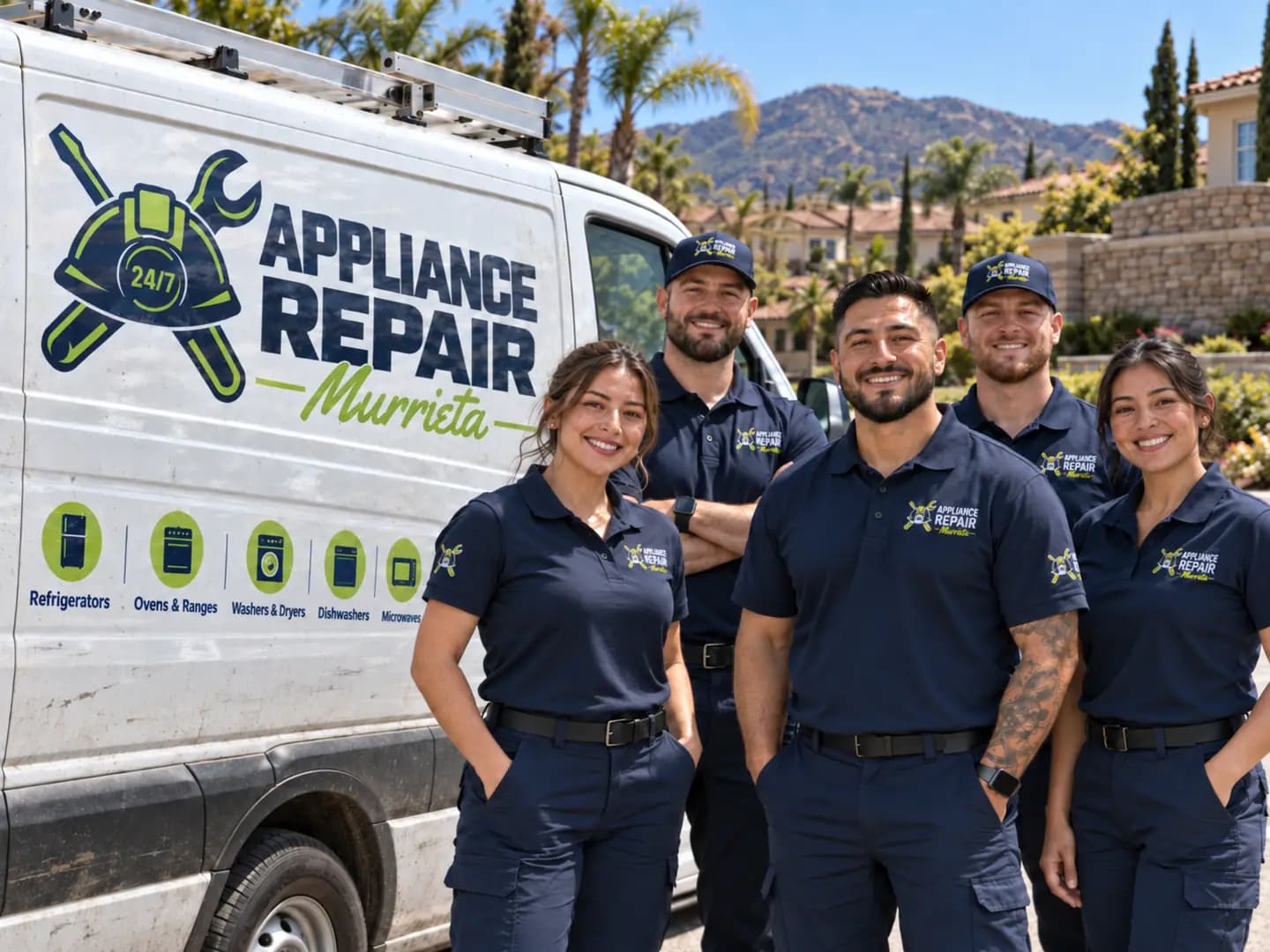 Technicians in Appliance Repair Murrieta uniforms beside a branded service van
