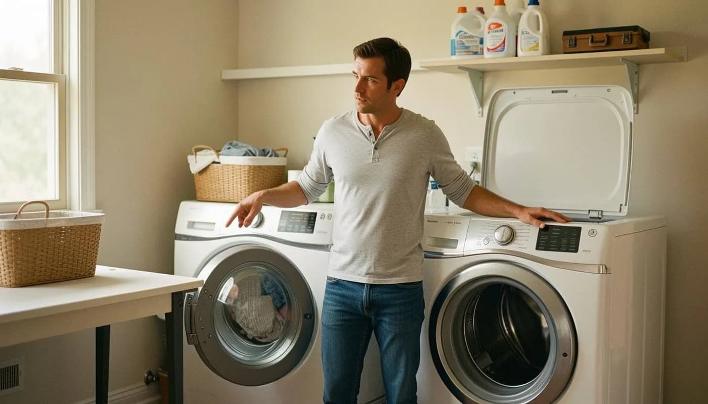 Man standing between a front-load washer and a top-load washer in a laundry room